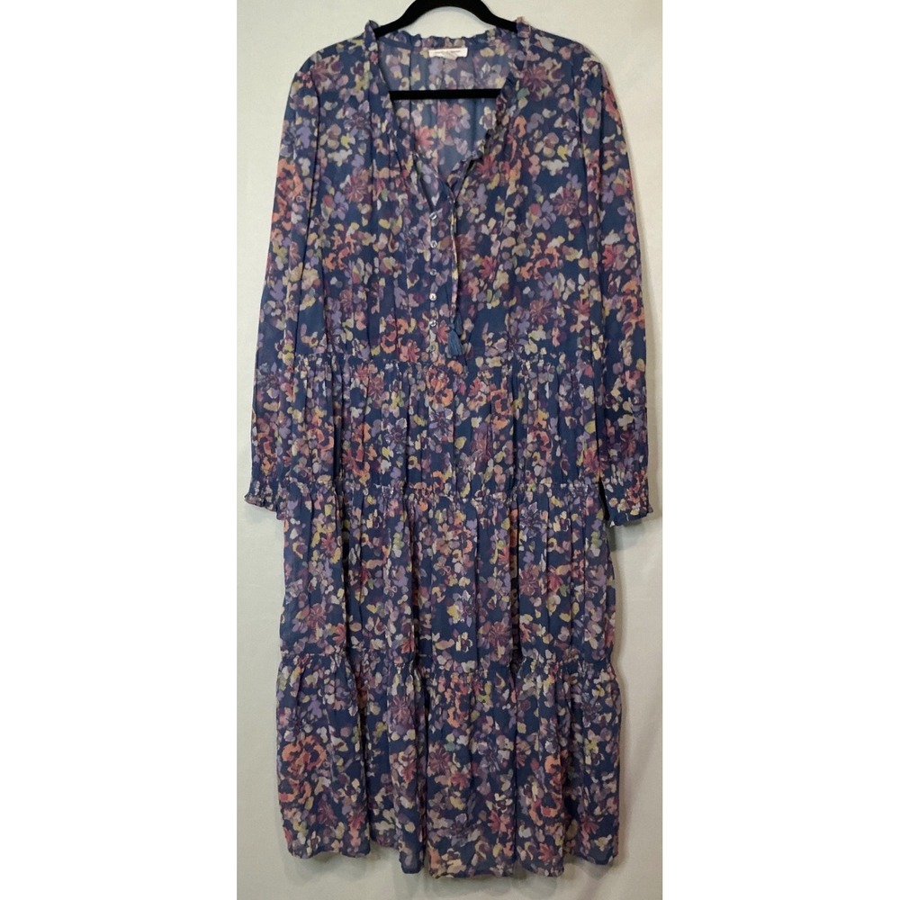 BeachLunchLounge Floral Tiered Maxi Dress Blue Pink Long‎ Sleeve Boho XXL Resort